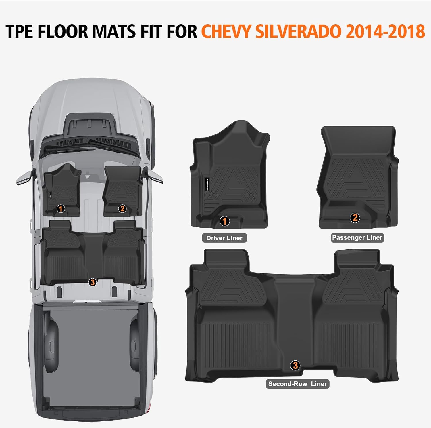 All Weather Car Floor Mats for 2014-2018 Chevy Silverado/GMC Sierra 1500 Crew Cab, 2015-2019 Silverado/Sierra 2500 HD/3500 HD Crew Cab, TPE Rubber Floor Liners Full Set for Chevy Silverado Accessories