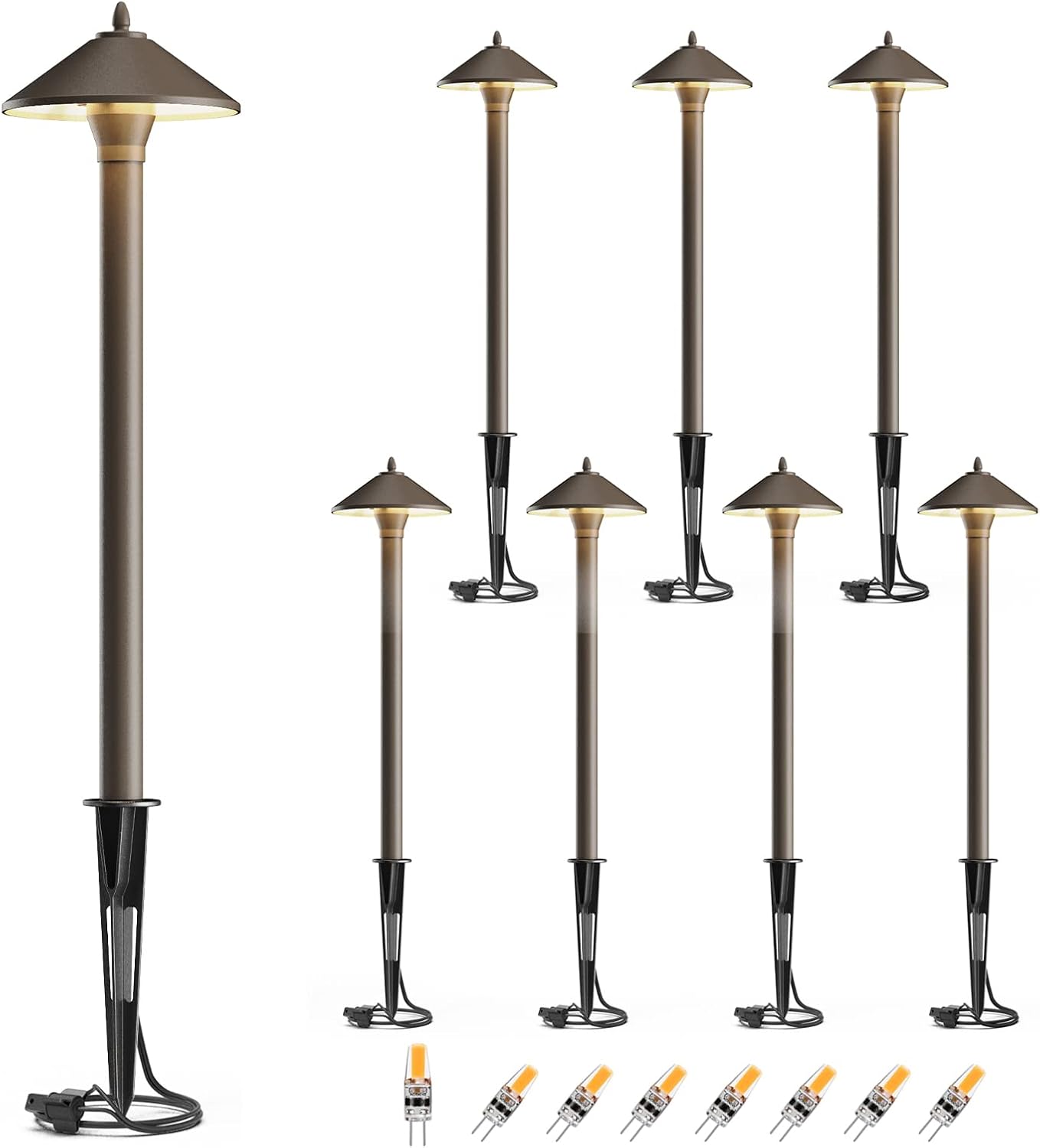 GOODSMANN Landscape Lighting Outdoor Low Voltage Landscape Lighting Kits 8PK Pathway Lights Wired 1.2W 40 Lumen 2700K Metal 12V AC Brown Electric Sidewalk Walkway Lights with Cable Connectors