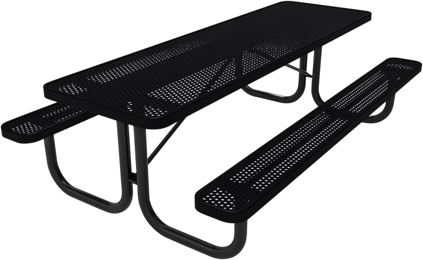 COATEDOUTDOORFURNITURE Heavy-Duty Portable Outdoor Picnic Table, Thermoplastic Coated Punched Steel Commercial-Grade Patio Dining Furniture Made in America (8ft Rectangular, Black)