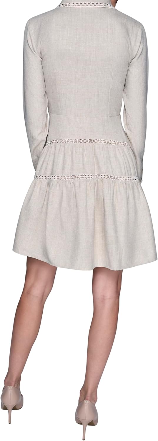 Karl Lagerfeld Women's Long Sleeve Collared Faux Linen Lace Trim Tiered Dress