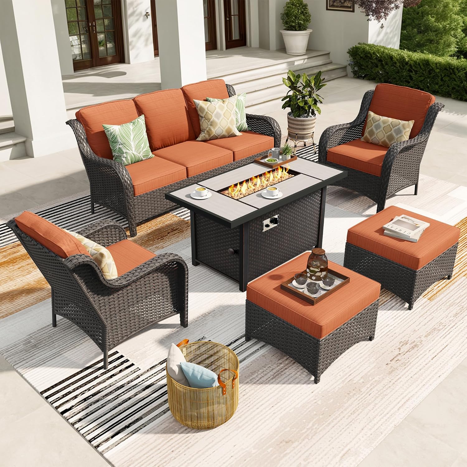 ovios 6-Pieces Patio Furniture Set with 42 Inch Fire Pit Table, Outdoor Wicker Sofa Couch Ottomans Comfy Cushions, High Back Modern Conversation Set, Brown Rattan, Orange Red