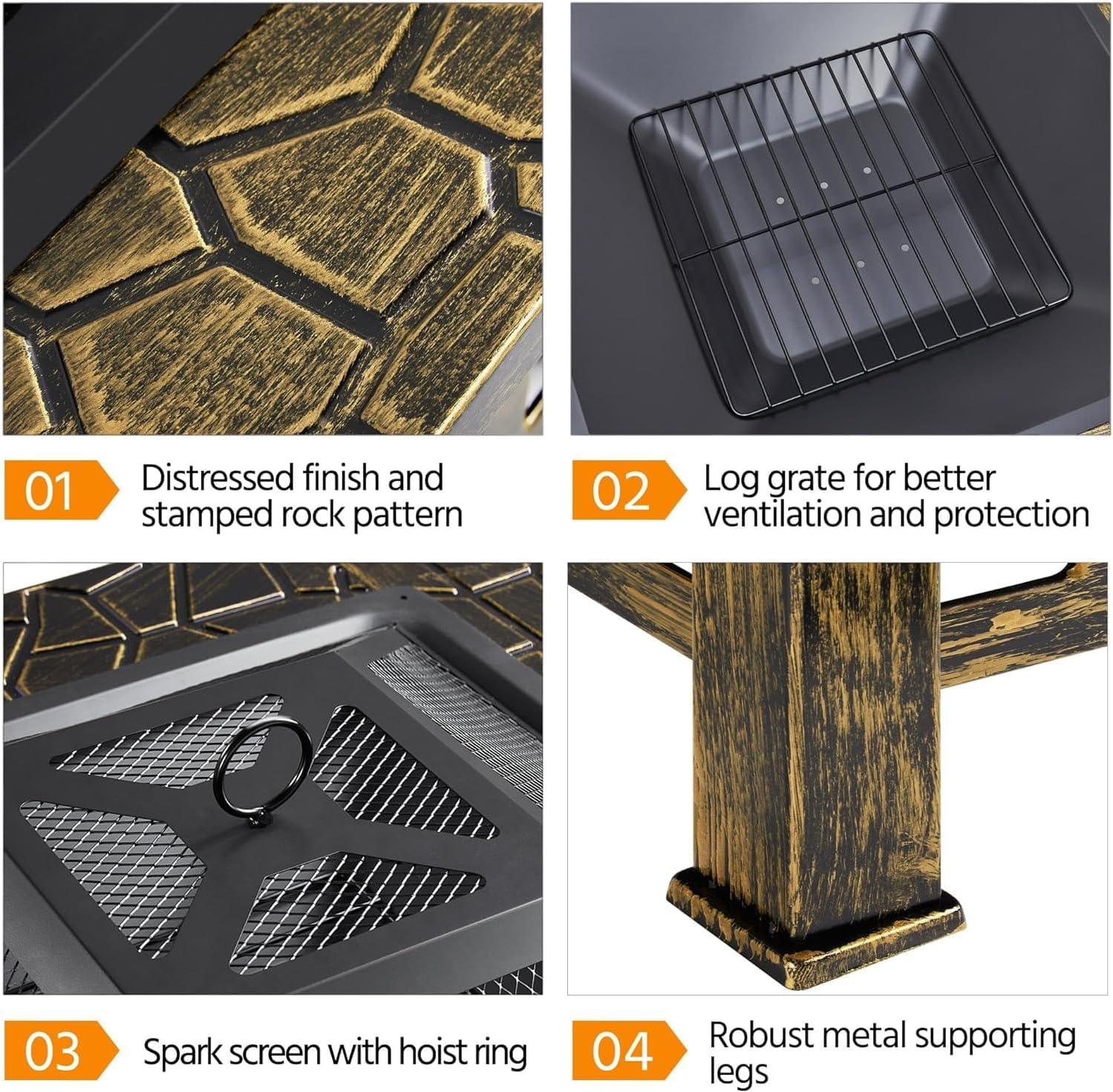 34in Fire Pit Table Outdoor Fire Pits Square Steel Stove with Mesh Screen, Waterproof Cover Poker for Outside Patio Bonfire Camping (Bronze)