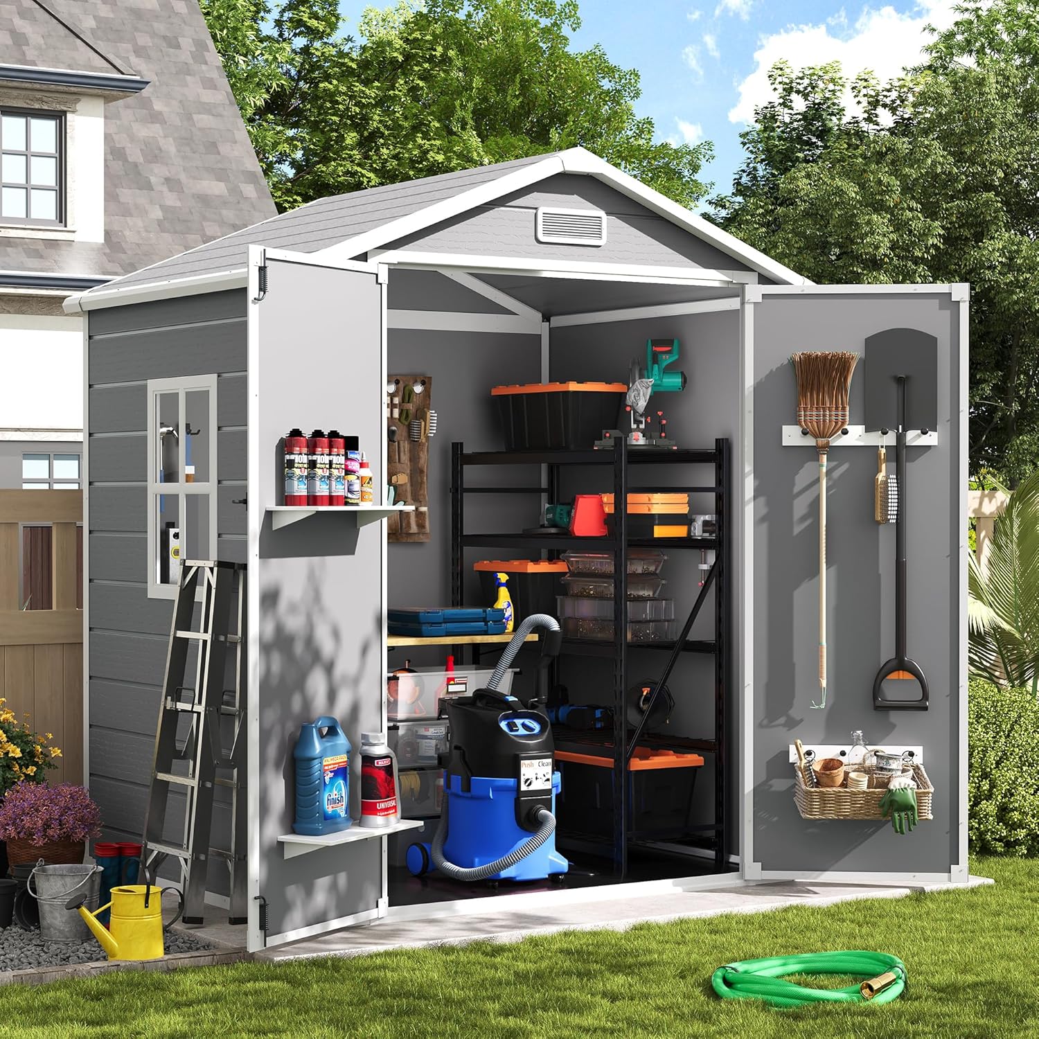 Amopatio Outdoor Storage Shed with Floor,6x4.5 FT Lockable Plastic Tool Shed with Ventilation,Waterproof Resin Garden Sheds for Backyard,Patio,Lawn and Bike Grey