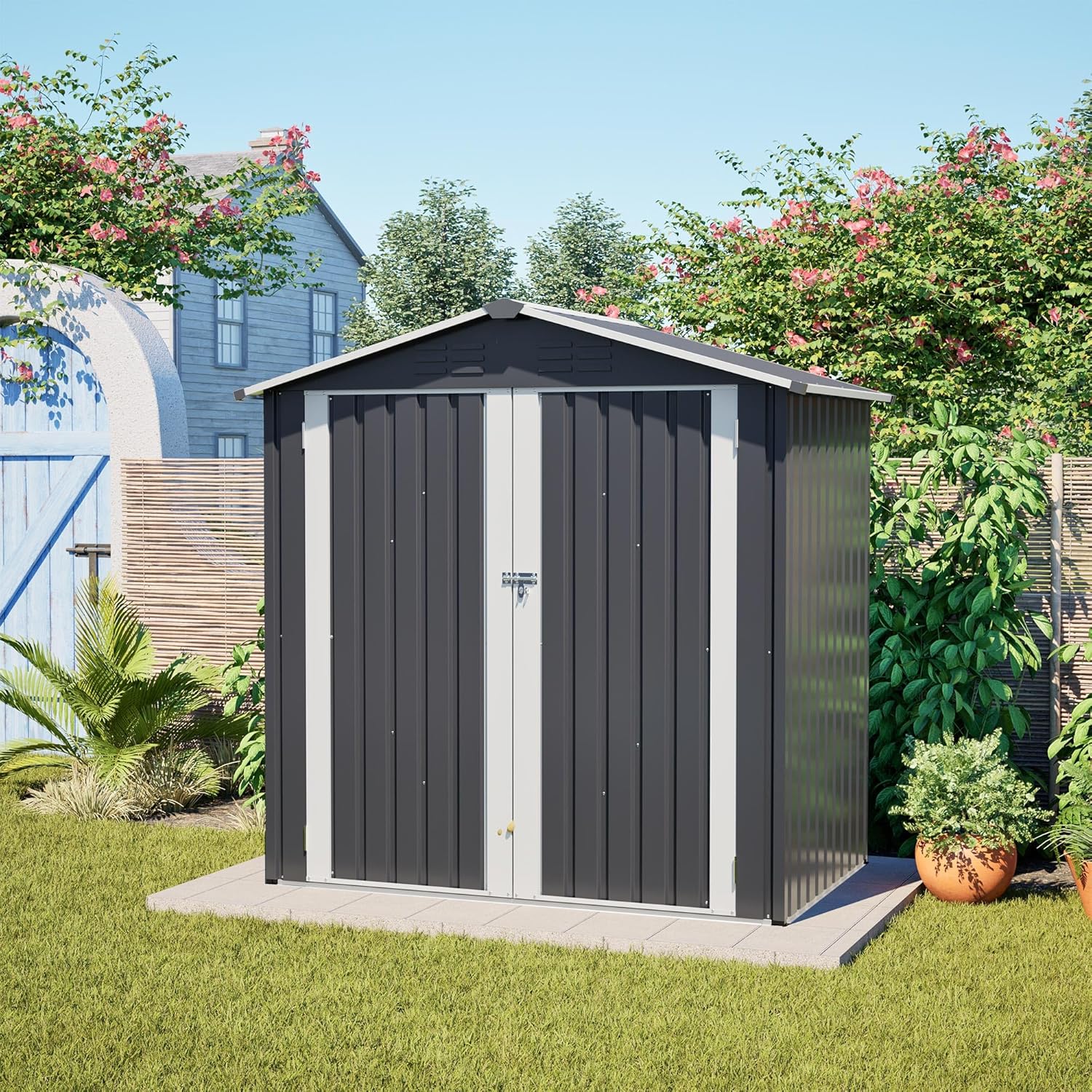 6 x 4 FT Outdoor Storage Shed with Floor Frame and Lockable Hinge Door, All Weather Metal Shed with Vents, Tool Storage House for Backyard, Garden, Patio, Lawn,Gray