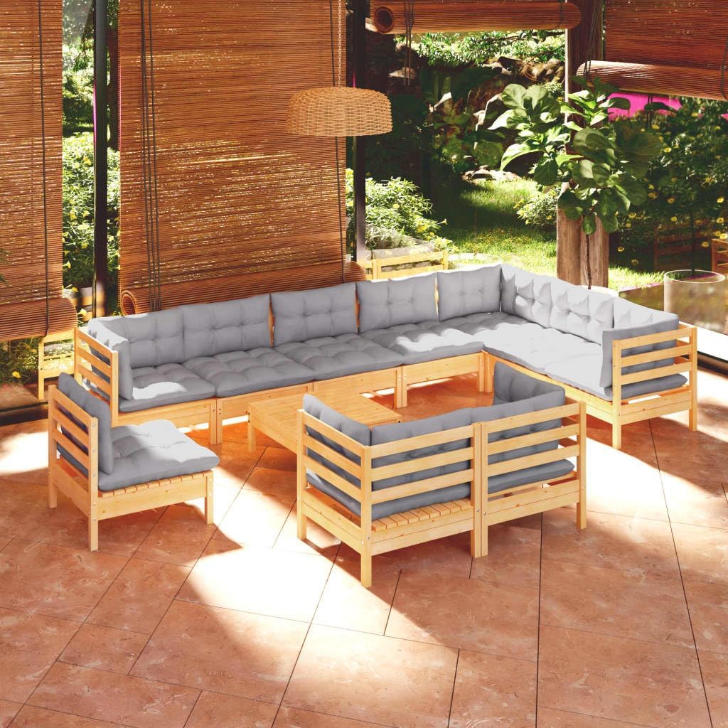 11 Piece Patio Lounge Set with Gray Cushions Solid Pinewood,Modular Patio Lounge Set Sturdy Pinewood Furniture for Relaxing and Socializing Patio Furniture, Outdoor Furniture Sets