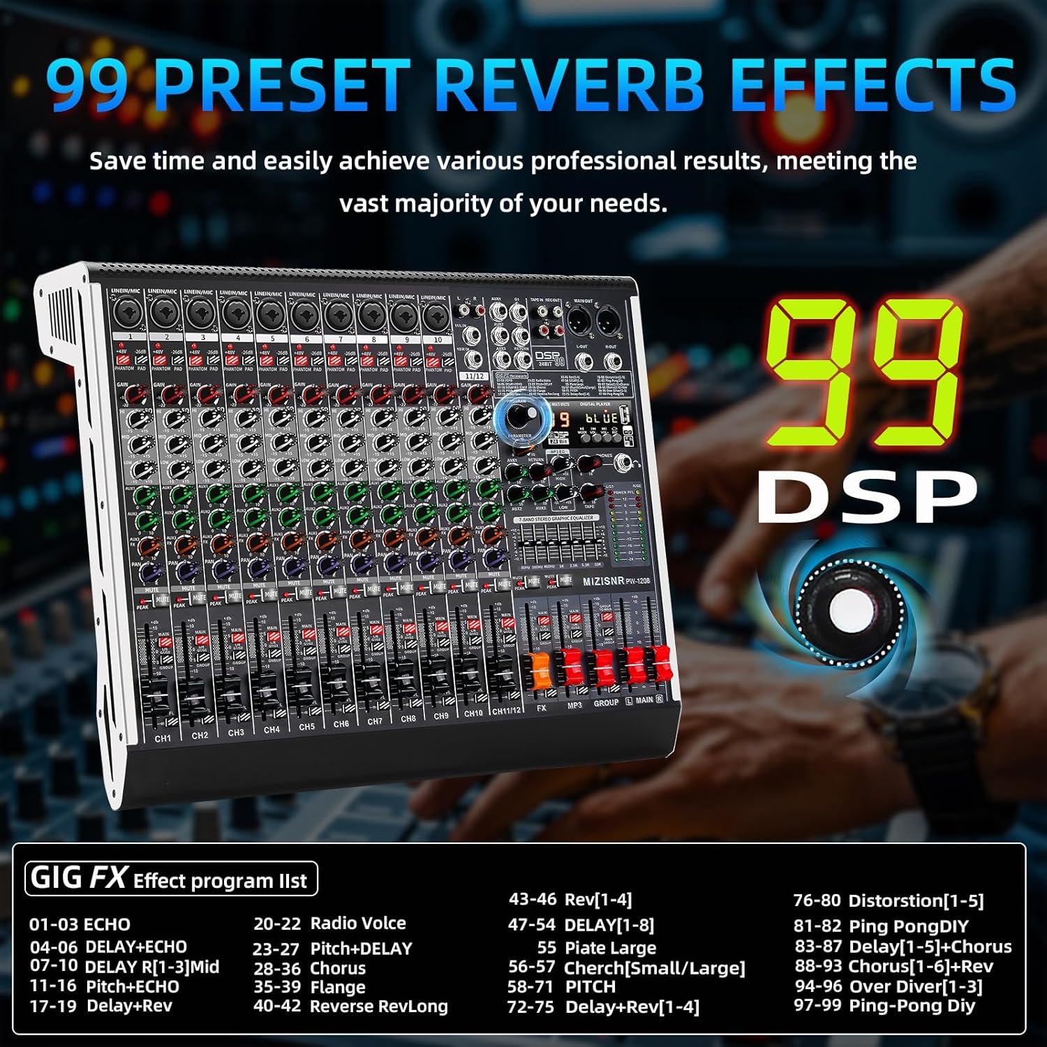 12 Channel Audio Mixer Professional Sound Mixing Board with 99 DSP Effects, 7-band EQ Digital DJ Mixer Console w/USB Bluetooth MP3 for Recording, Independent 48V Power & Mute Button