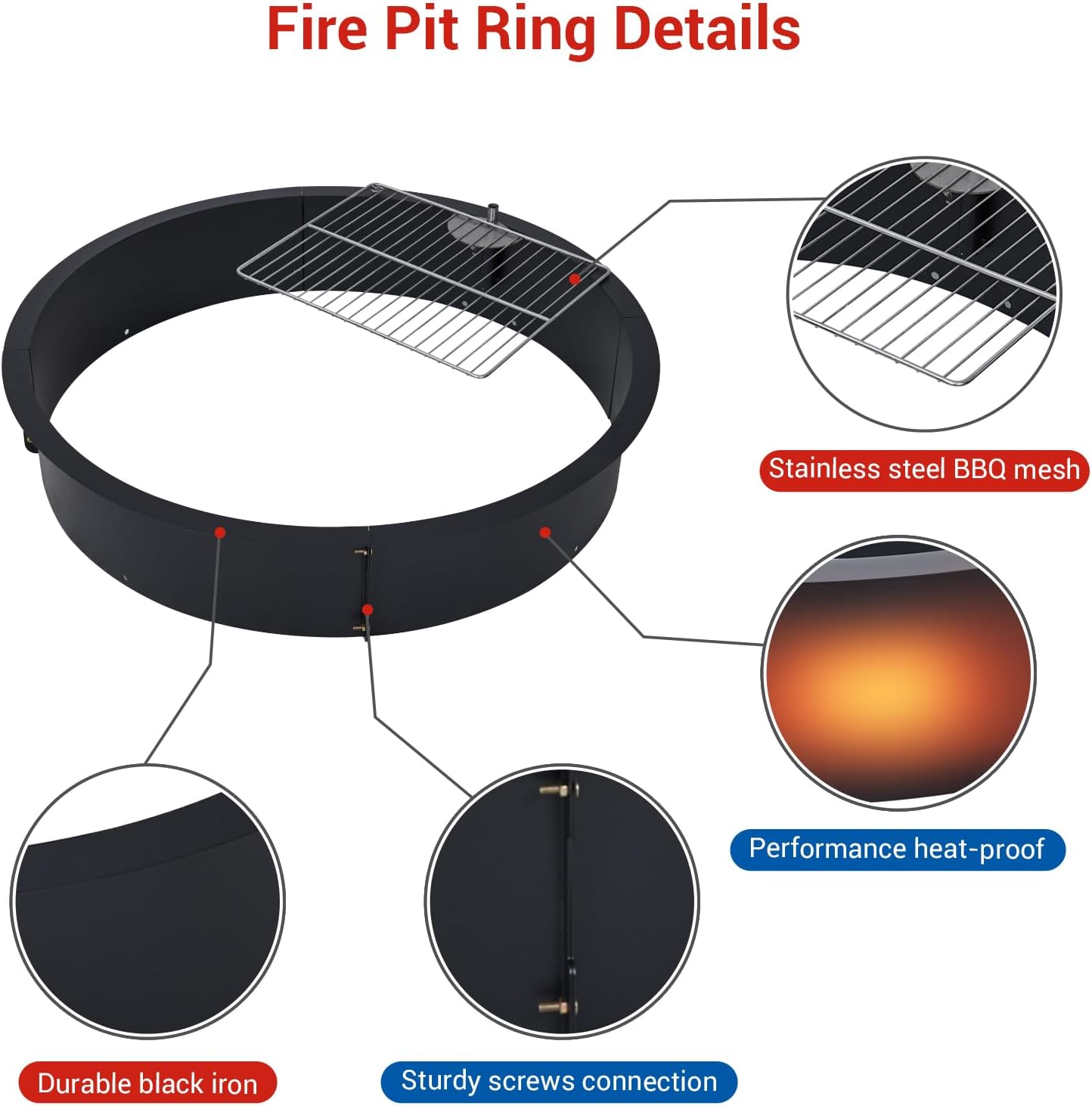 40 Inch Outer / 36 Inch Inner Fire Pit Ring, Round Smokeless Wood Burning Fire Pit Insert, Heavy Duty Steel DIY Fire Ring with Poker, Above or In Ground Use for Patio Garden Backyard Camping