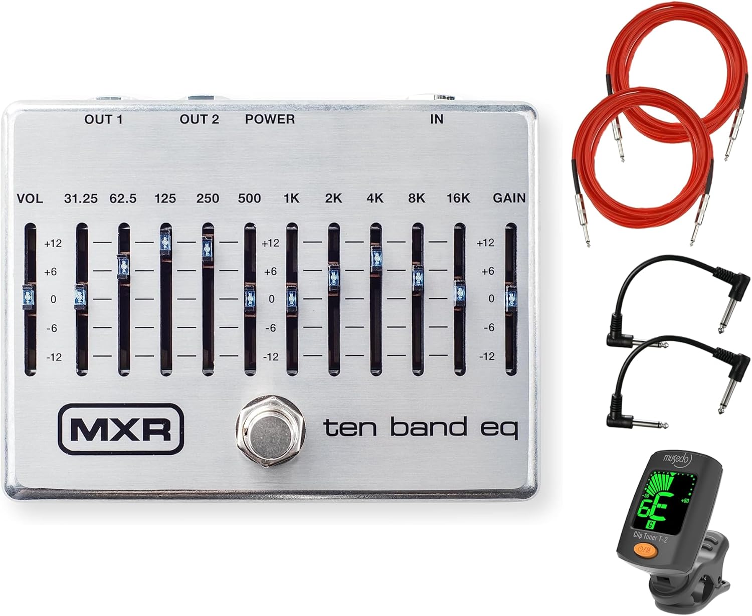 MXR M108S 10 Band EQ Effects Pedal Bundle with 2 Instrument Cables, 2 Patch Cables and Tuner