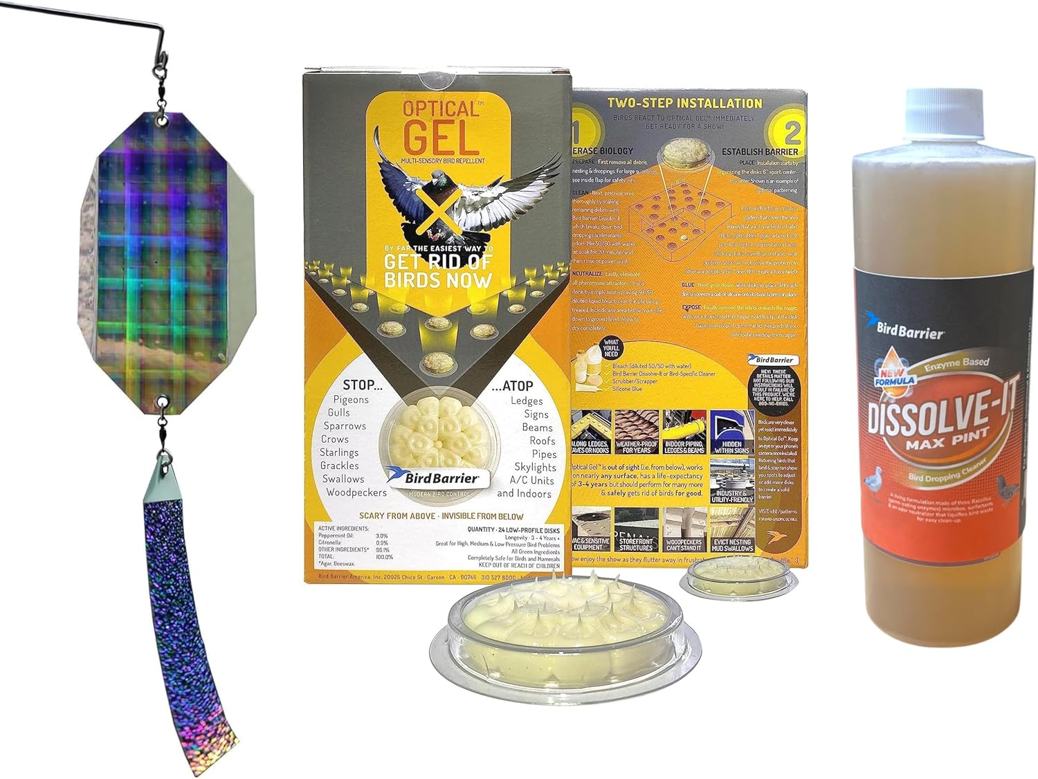 Ultimate Bird Deterrent Bundle: Bird Barrier Optical Gel (24 Pack), The Intimidator, and Dissolve-It Enzyme Cleaner - Effective Solution for Woodpeckers, Pigeons, Gulls, Crows, and More
