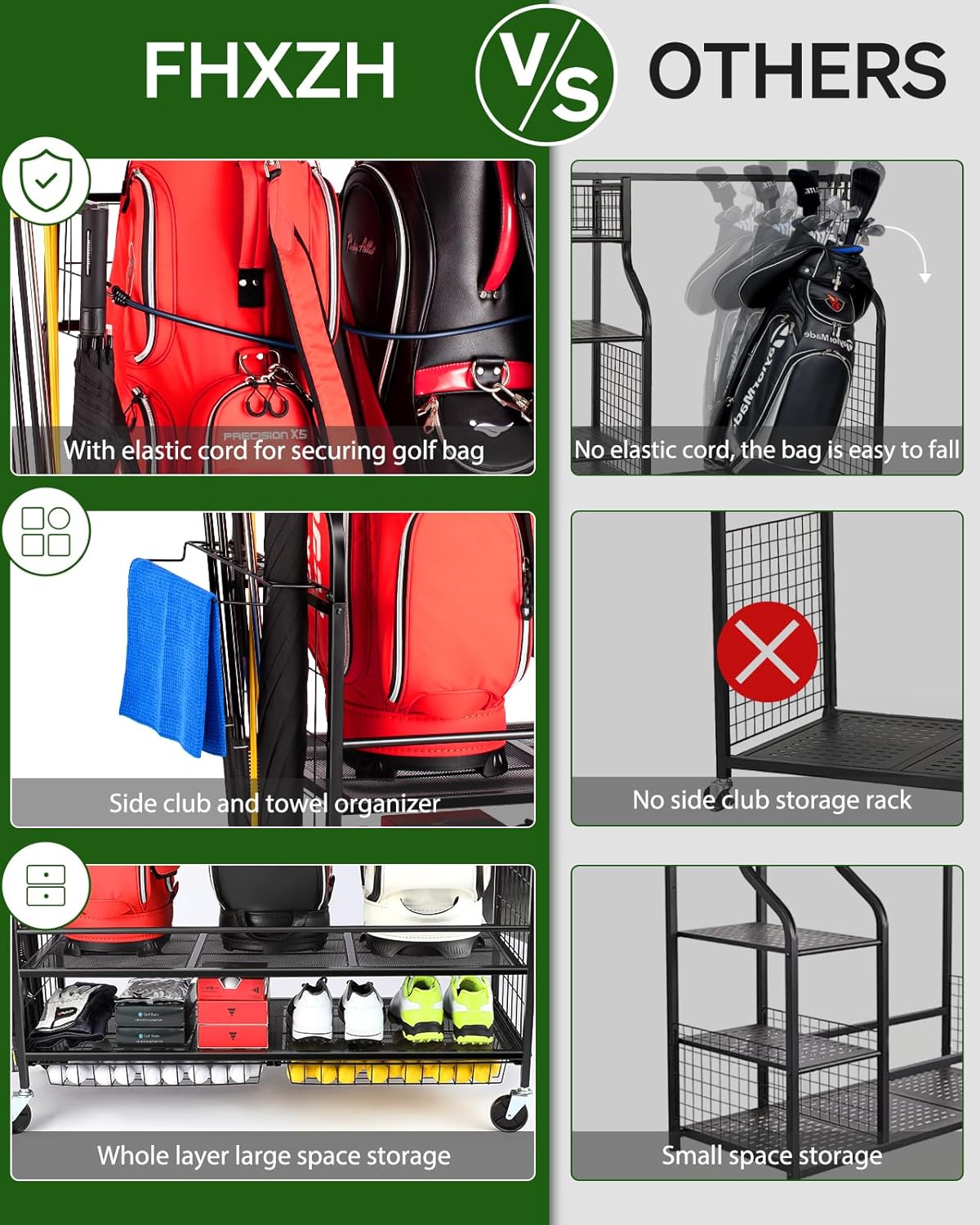 Golf Bag Storage Garage Organizer- Golf Bag Stand Fit for Golf Bags, Golf Clubs, Golf Balls, Golf Equipment Accessories, Golf Bag Storage Rack with Wheels for Garage