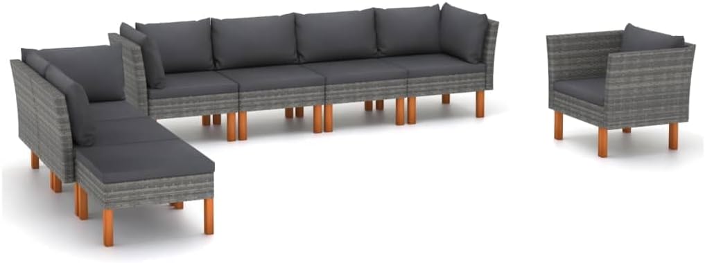 Patio Set 8 Piece Patio Lounge Set Poly Rattan and Eucalyptus Wood Gray