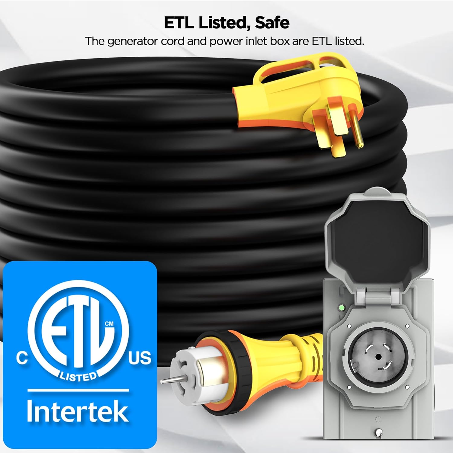 25FT 50 Amp Generator Cord with Twist Lock and Pre-Drilled Power Inlet Box, Heavy Duty NEMA 14-50P to SS2-50R Extension Cord with Inlet Box, 125/250V, 12500W, ETL Listed, for Generator to RV, House