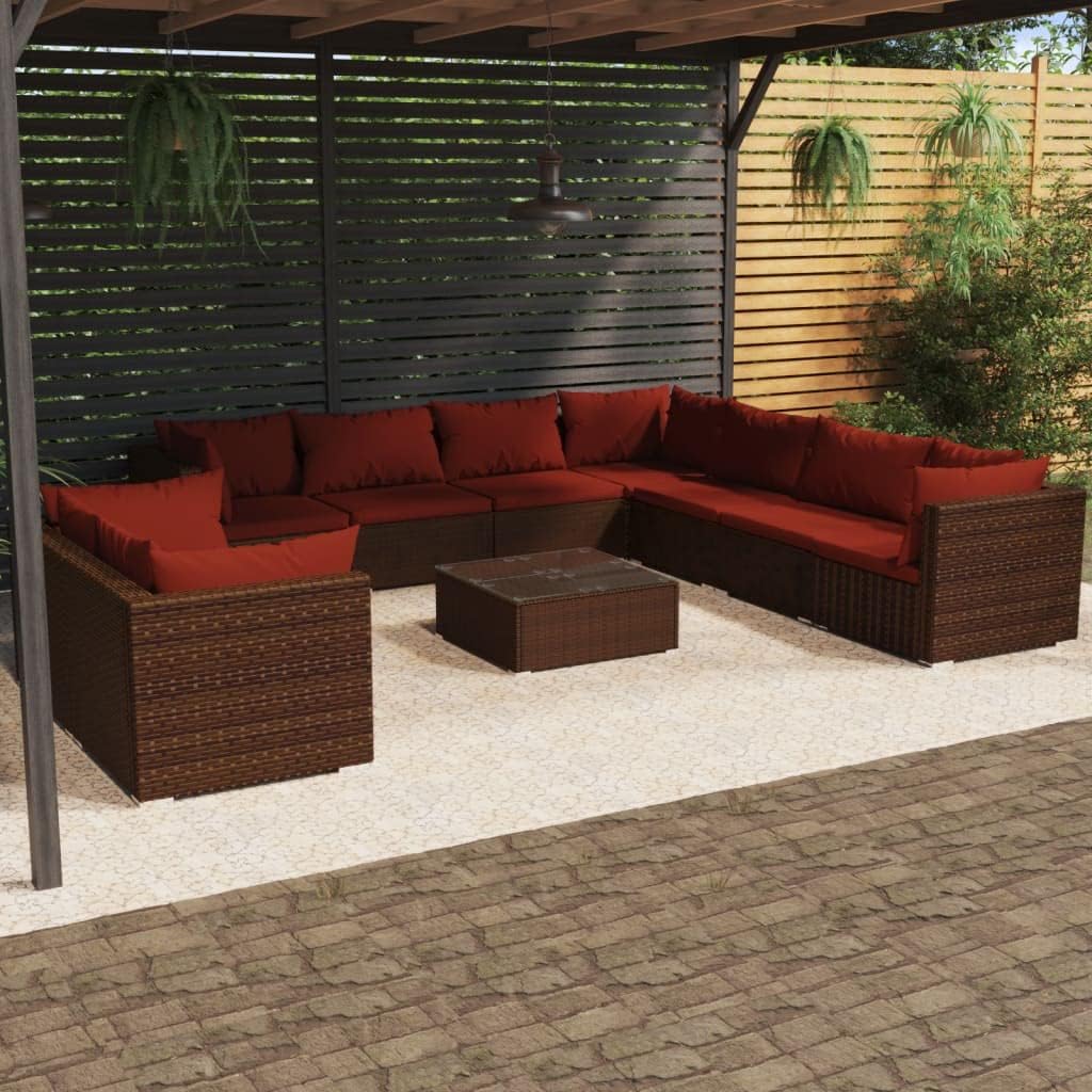 10 Piece Patio Lounge Set with Cushions Brown Poly Rattan,Relaxing Outdoor Poly Rattan Patio Lounge Set with Cushions for Leisure Time Patio Furniture Sets, Outdoor Furniture Sets