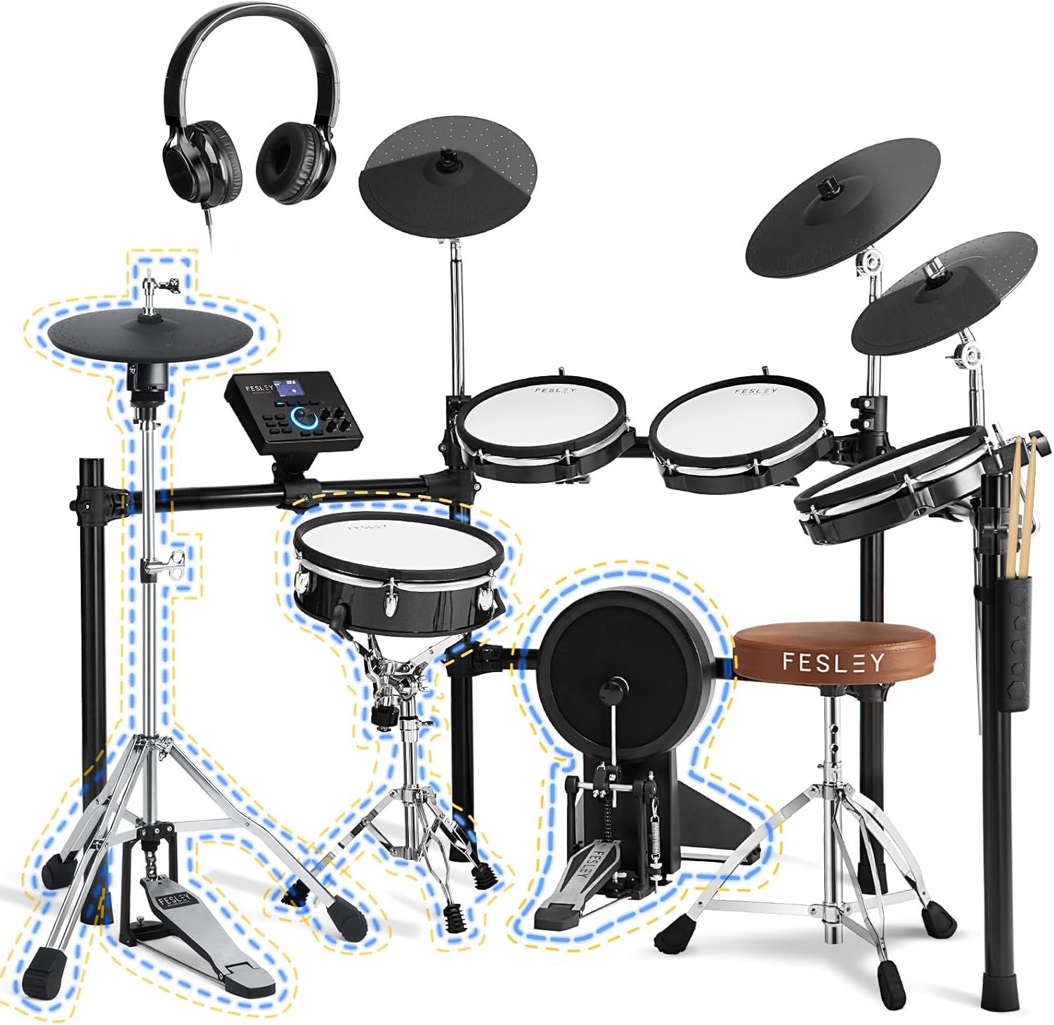 Fesley Electric Drum Set with Independent Hi-Hat Snare Drum: Full Size Electronic Drum Set with Mesh Dual Zone Drum Pad, Drum Set with Bluetooth MIDI Function, Throne, Headphones, Sticks, Black