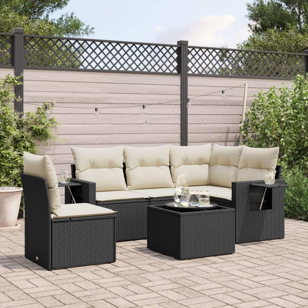 6 Piece Garden Sofa Set, Black Poly Rattan, Cream Cushions, Modular Outdoor Patio Furniture for Balcony, Weather-Resistant Deck Dining, Terrace Seating