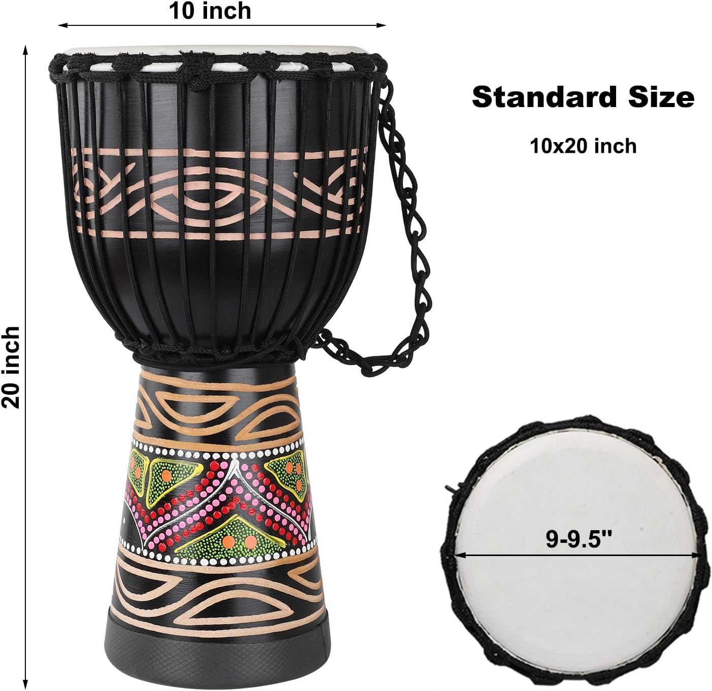 Djembe Drum for Adults,African Drum 10'' x 20'' Mahogany Goatskin Drumhead Hand Drums for Beginners (Black)