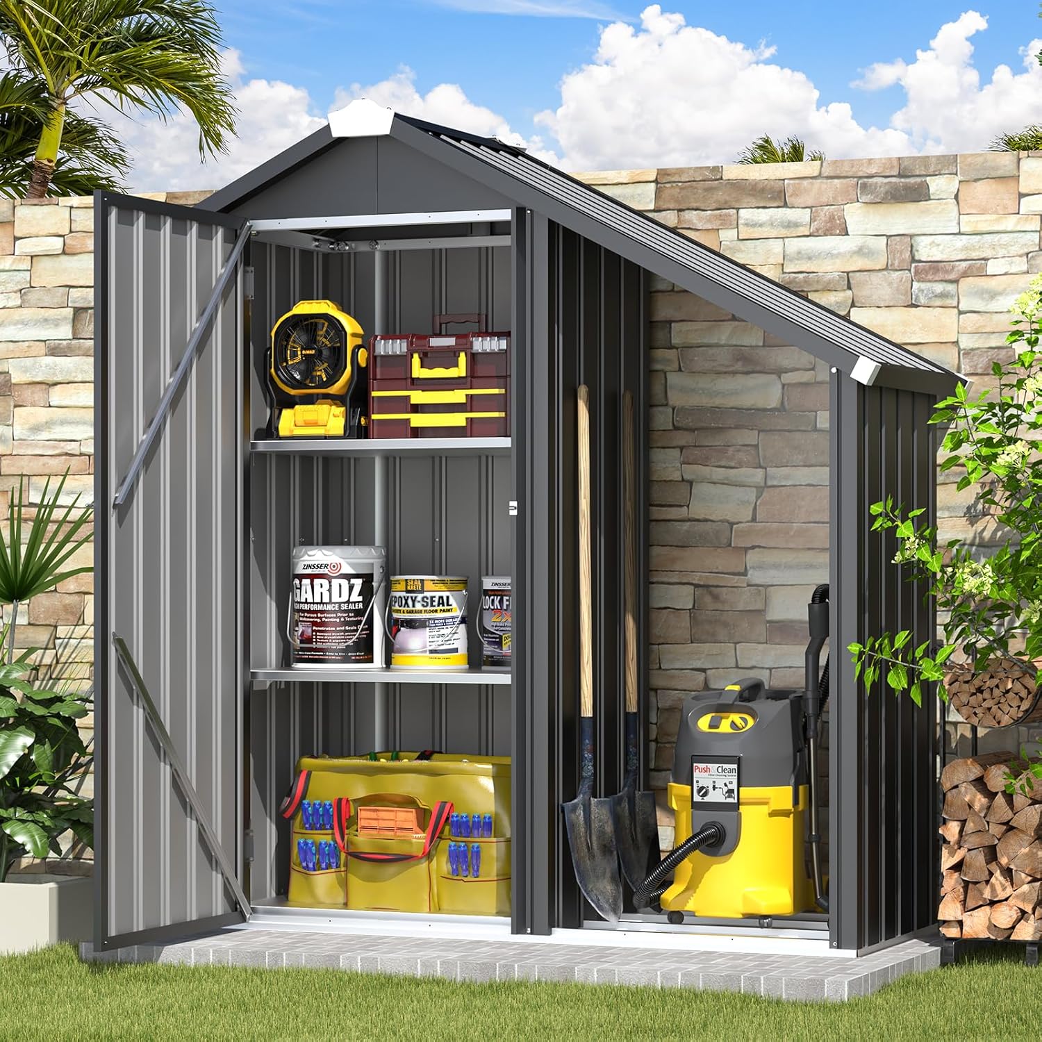 AECOJOY Outdoor Storage Cabinet Waterproof with Shelves and Lean to Open-Sided Firewood Racks, Vertical Tall Garden Storage Sheds, Garden Sheds & Outdoor Storage Cabinet Weatherproof for Patio