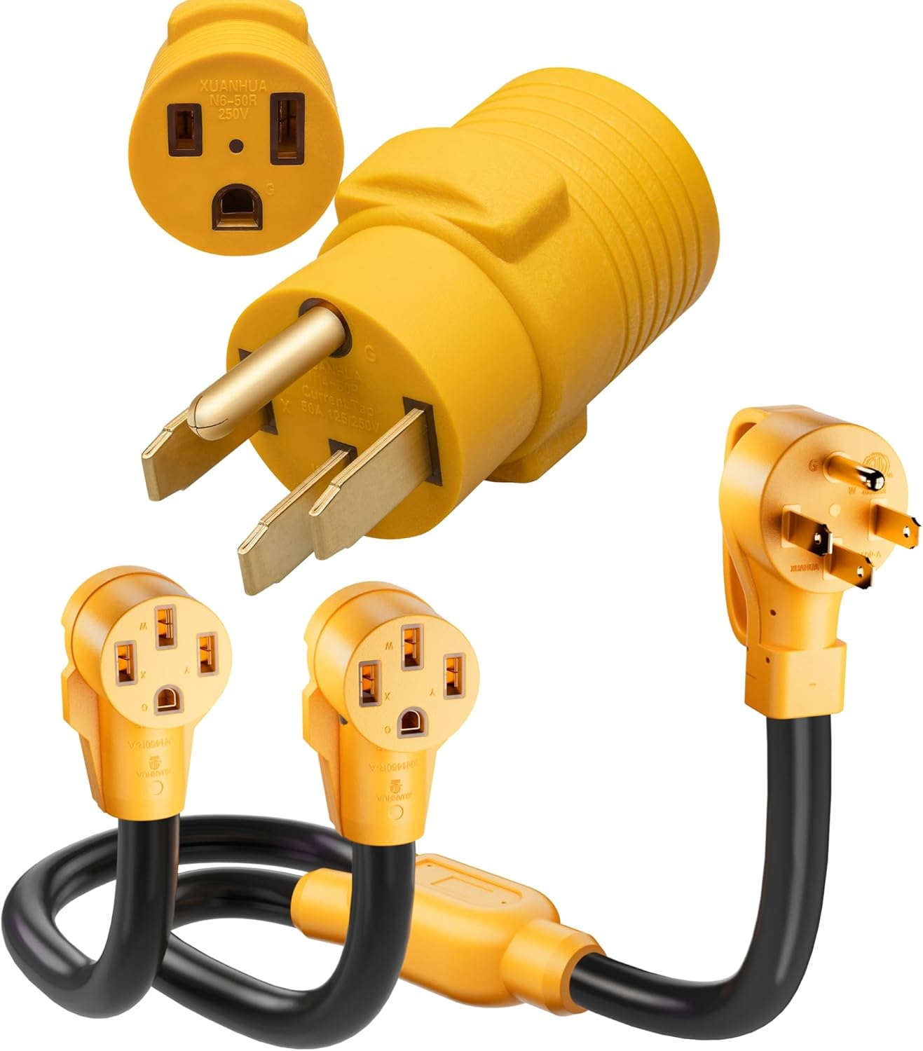 MECMO 50 Amp Y Splitter Adapter Cord for RV EV, 4-Prong 250-Volt NEMA 14-50P to x2 NEMA 14-50R 50A Generator Splitter, Nema 14-50P to 6-50R Welder Adapter 50 Amp 4 Prong Generator to 3 Prong Welding