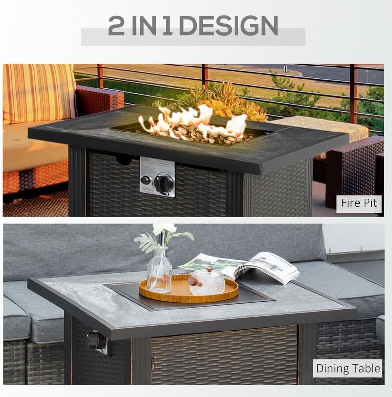 Outdoor Propane Gas Fire Pit Table, Auto-Ignition Square Wicker-Effect Gas Firepit with Ceramic Tabletop
