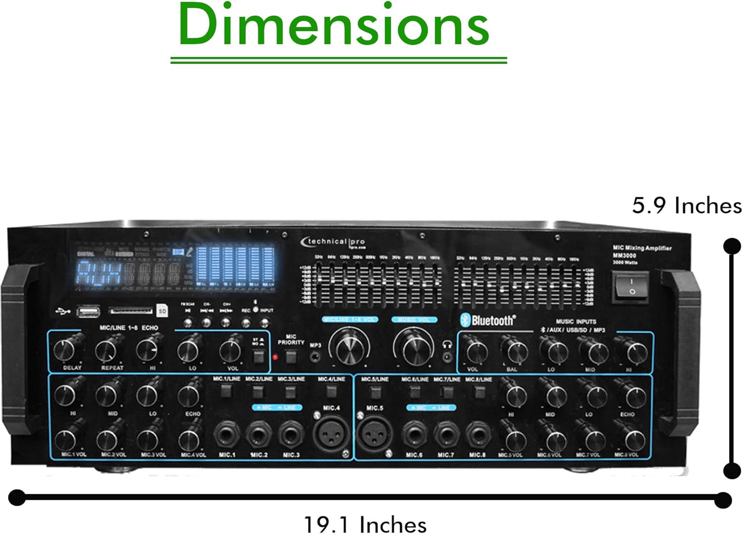 Technical Pro 3000 Watts Professional Mic Mixing Amplifier w/USB SD Card Inputs, Bluetooth Compatibility, Built-in Dual 10 Band Equalizers, for Karaoke Audio Home Stereo Receiver Box System