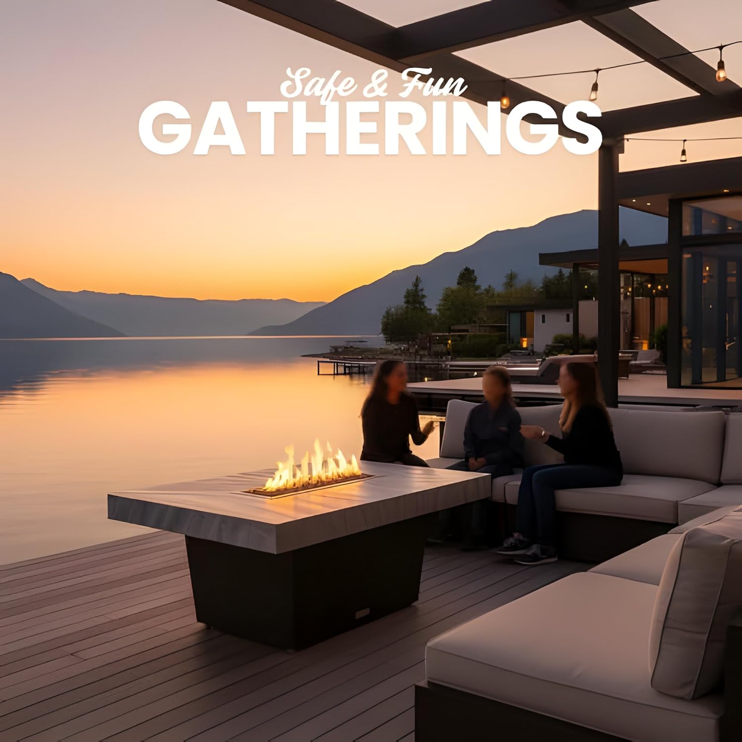 COOKE Palisades Rectangular Fire Pit Table - 52x36 - Chat Height - Propane - Brushed Aluminum Powdercoat Top with 6cm Edge - Bronze Powdercoat Base