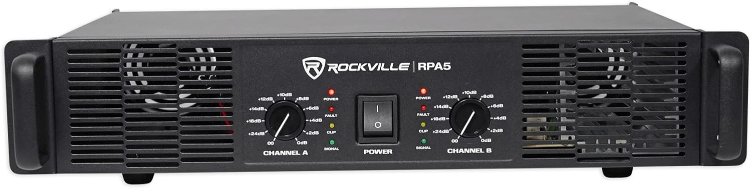 Rockville RPA5 2-Channel Power Amplifier, 200W RMS @ 4 Ohm, 1000W Peak, Stereo/Mono Switch, Built-in Crossover, for DJs, Live Sound, and Pro Audio