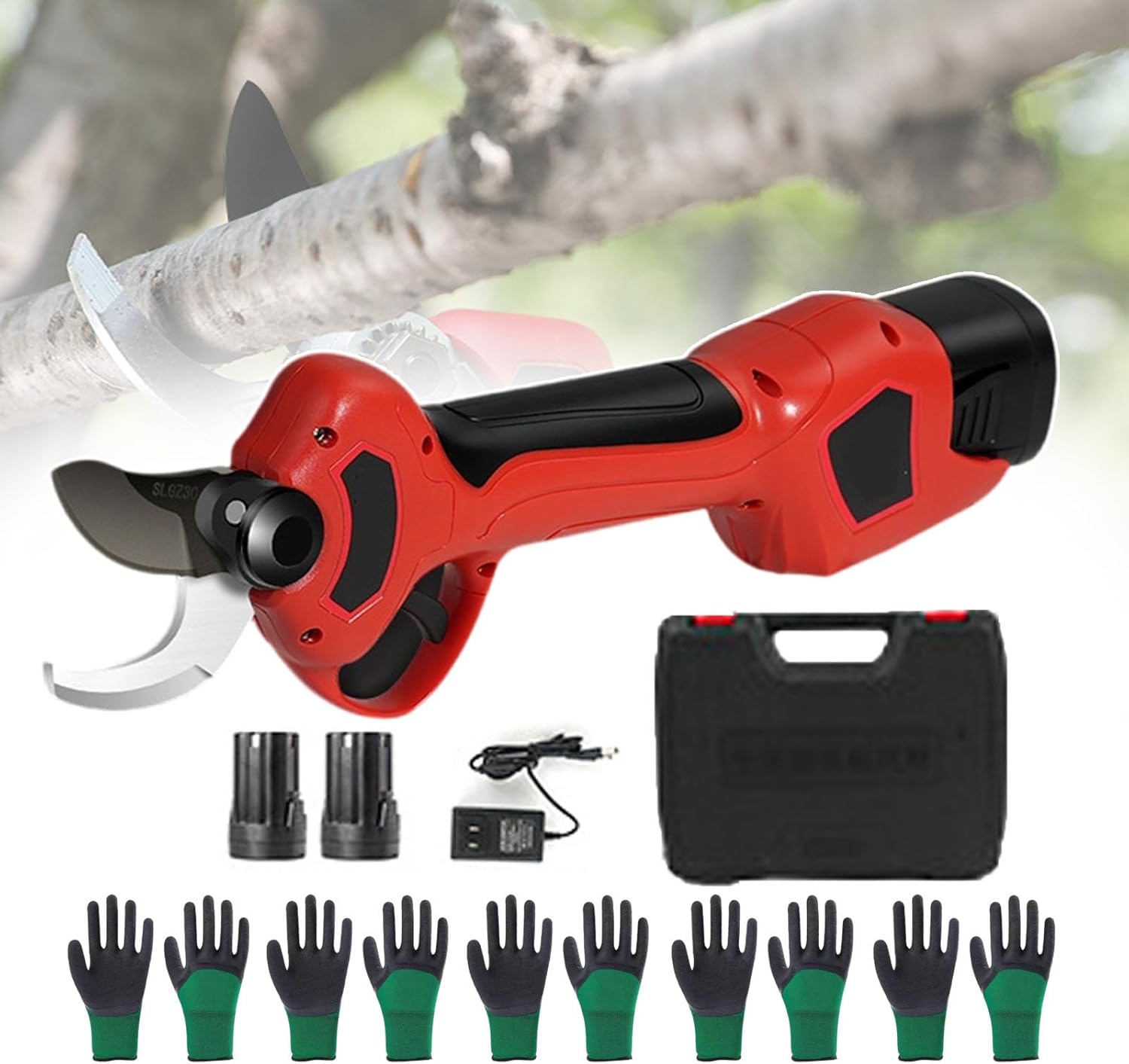 Electric Garden Pruner with Ergonomic Handle, 16.8V Battery Pruning Shears with Movable Blade and Fixed Blade, Professional Branch Shears for Orchards Farm (with 12 Gloves)