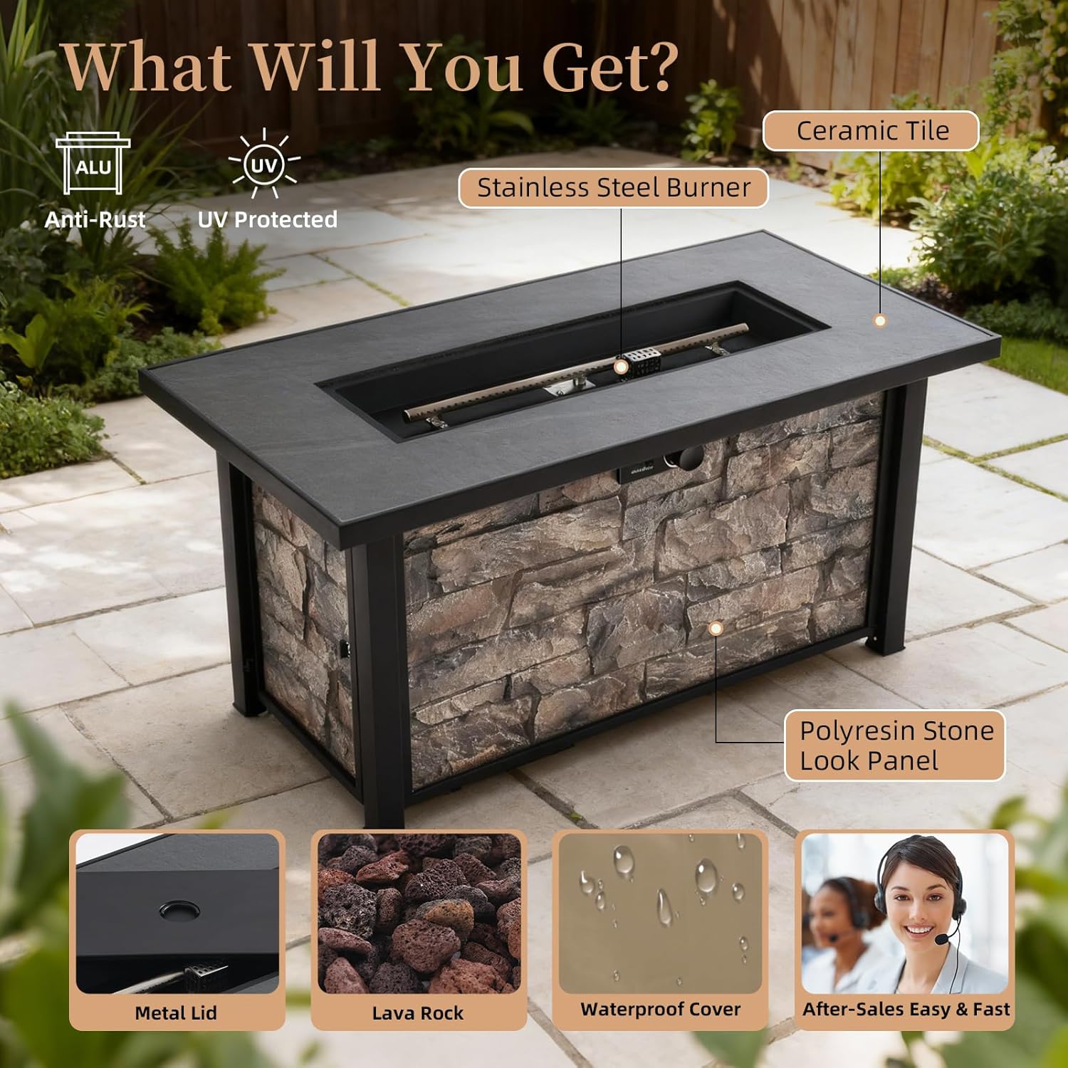 48'' Propane Fire Pit Table, 50000 BTU Outdoor Gas Fire Pit, Patio Heater with Stone Panel, Ceramic Tabletop & Aluminum-Coated Steel Tube Legs, Lava Rocks, Metal Lid and Rain Cover for Outside Patio