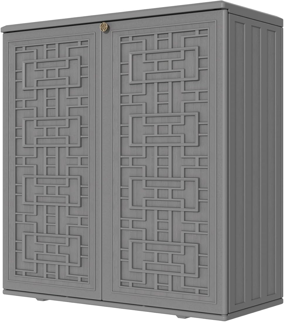 KINYING Outdoor Storage Cabinet Waterproof, Resin 60 Gallon Deck Box for Patio Furniture Cushions, Garden Tools, Pool Tools and Kids’ Toys (Grey with 1 Shelving)