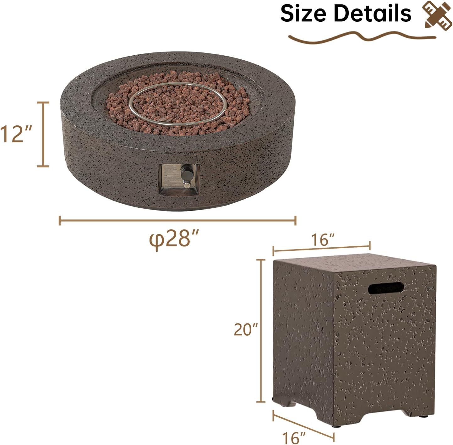 SUNBURY Outdoor Fire Pit Table Propane Gas Fire pits &Outdoor Fireplaces 40.5″ Inch Rounded Firepit Table with Tank Cover, 50,000 BTU Fire Table for Patio Set, Brown