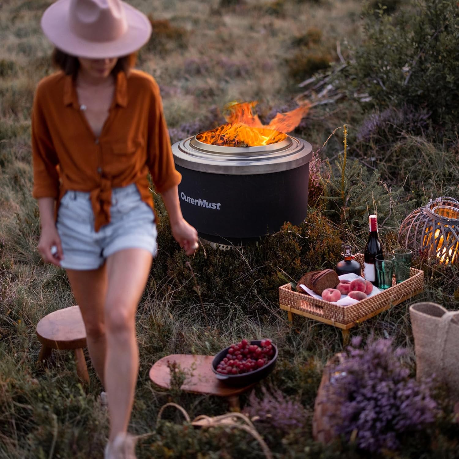 24 Inch Smokeless Fire Pit for Outside with Deck Safe Stand Wood Burning Outdoor Fireplace with Ash Pan for 5-7 Persons Stainless Steel Portable Bonfire for Patio, Deck, Backyard & Camping