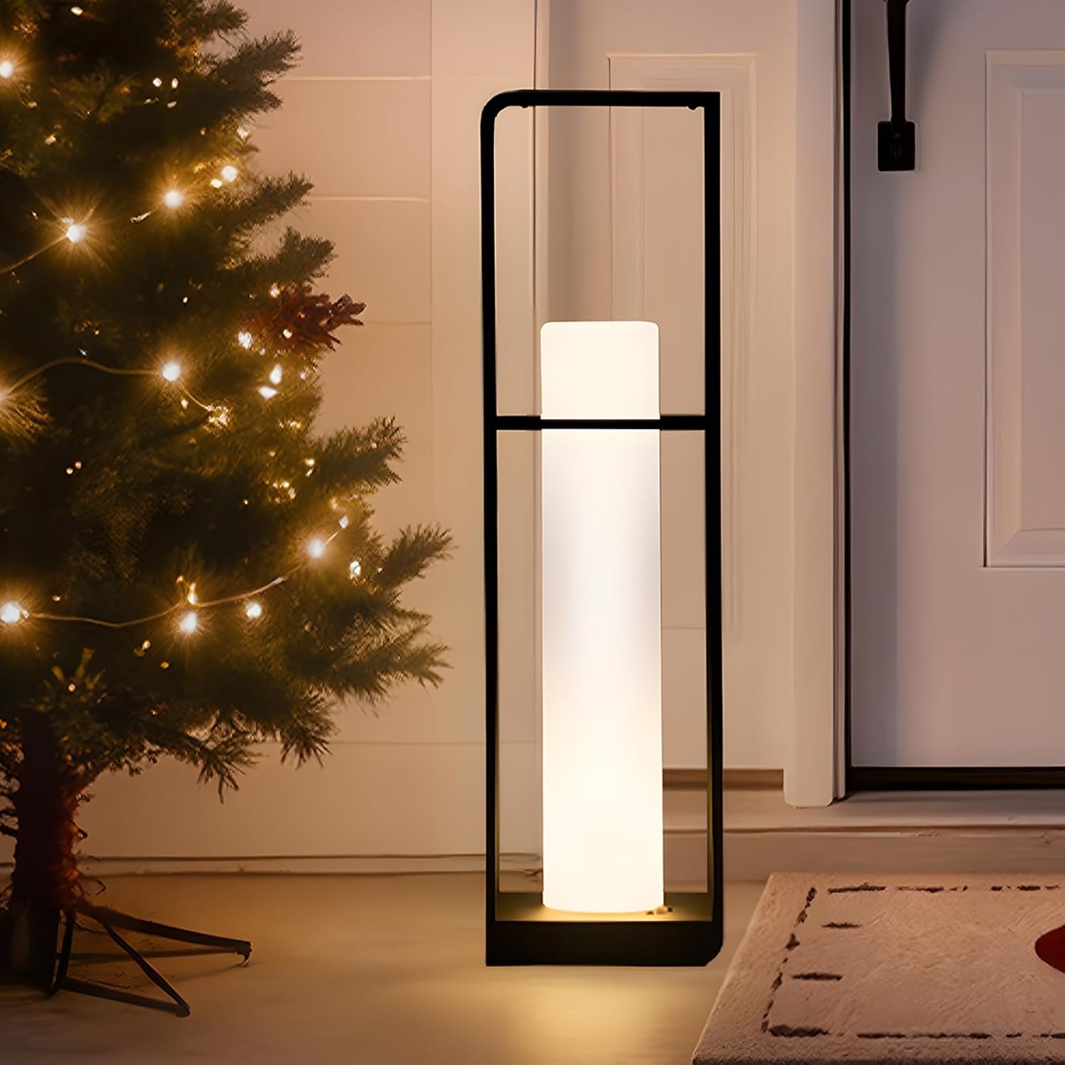 Led Corner Floor Lamp with Remote Control, IP65 Solar Lanterns Outdoor Waterproof, Unique Large Floor Lamp Lantern Modern Design, Dimmable Outdoor Lamps for Patio Porch, 3000K E26 Lights