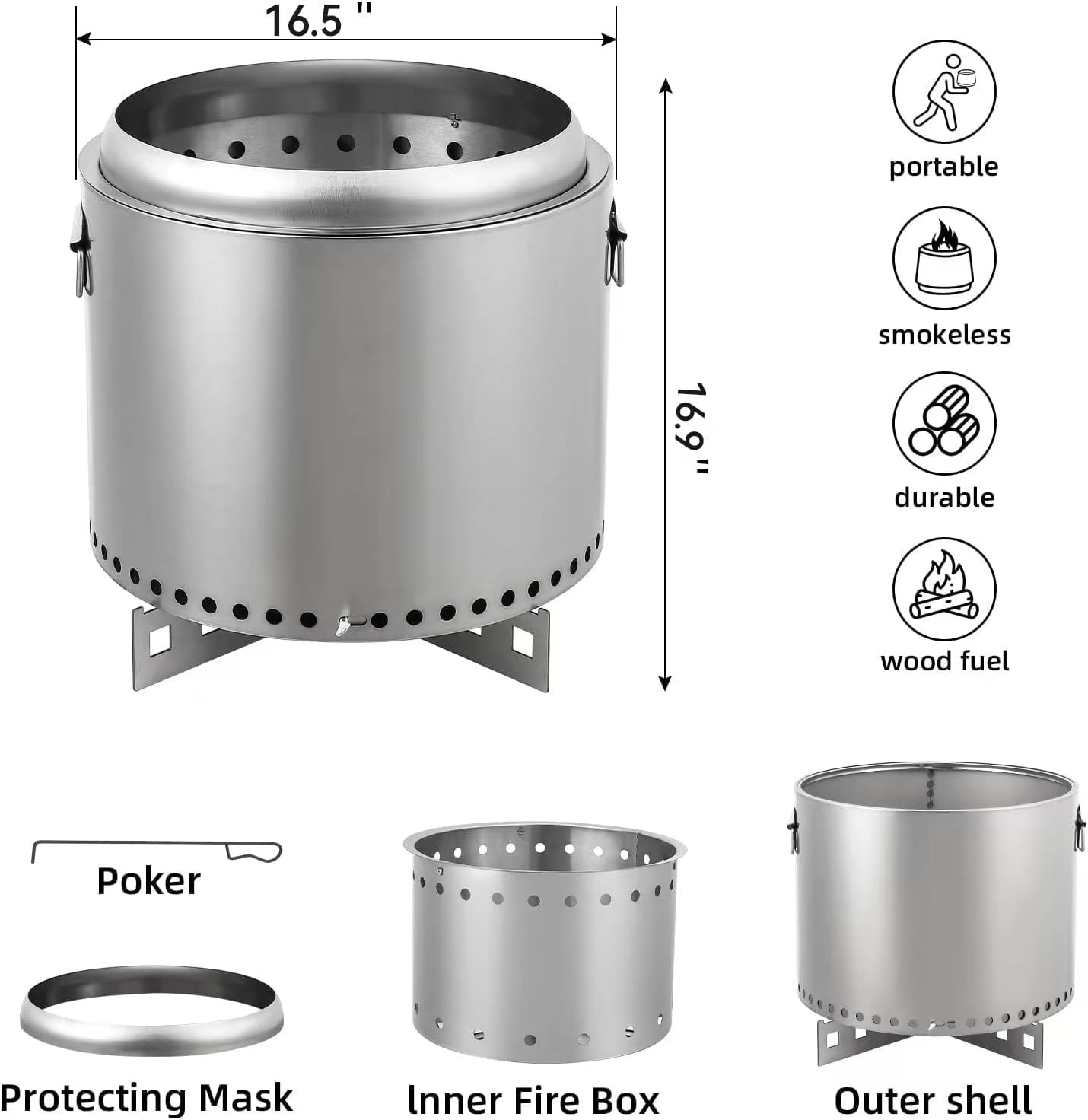 16.5 Inch Smokeless Fire Pit with Stand, Removable Ash Pan, Portable Fire Pit for Outside, Stainless Steel Wood Burning Fireplace, Ideal for 4-6 People Camping Gathering