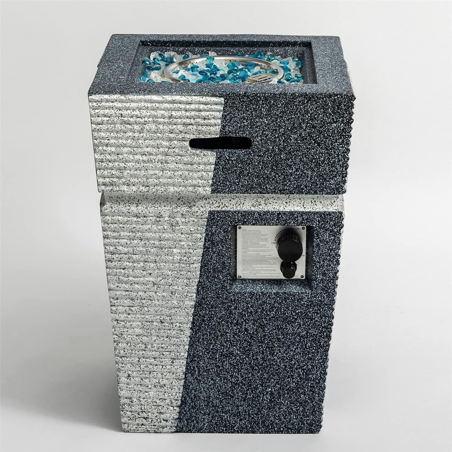 Outdoor Concrete Fire Pit Column, Propane Fire Column 50,000BTU Gas Fire Pit Table Light Grey-Blue Splice Side Table Outdoor Concrete Corner Table Patio Furniture