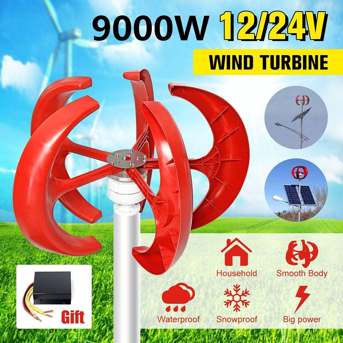 9000W 5 Blades Vertical Axi Wind Turbines Generator Lantern 12V 24V Motor Kit Electromagnetic for Home Streetlight Use