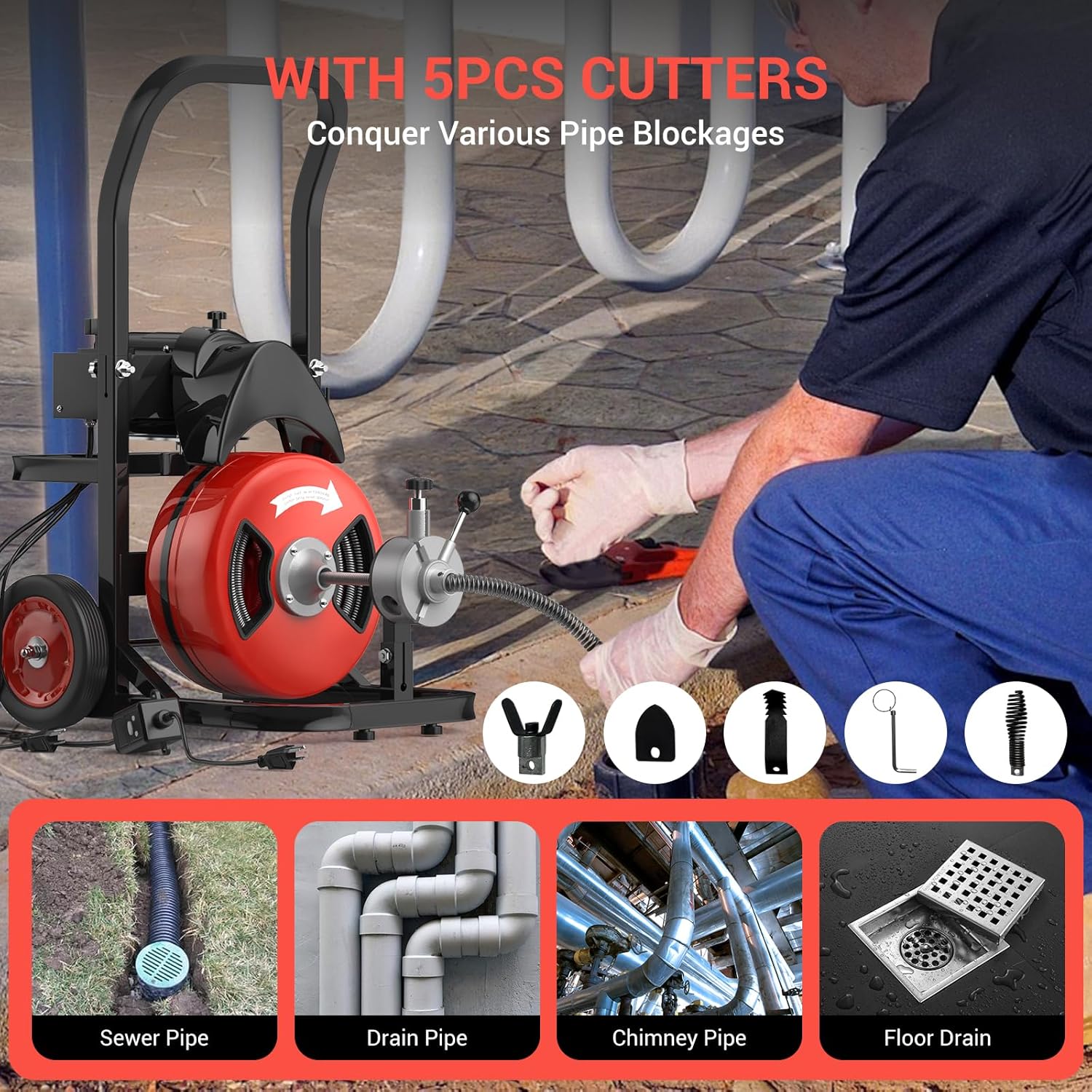 75Ft 1/2 Inch Electric Drain Cleaner Machine, 450w Portable Sewer Snake with Auto-Feed System, Air-Activated Foot Switch & 5 Cutters for 2