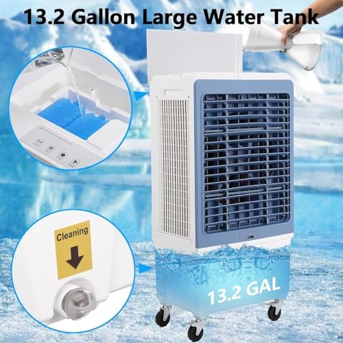 Evaporative Air Cooler, 4100CFM Swamp Cooler Air Conditioner with 4 Ice Packs & Remote Control, 3 Modes & Wind Speeds, 12H Timer, 8.4 Gallon Water Tank, for Outdoor, Indoor, Garage (13.2 Gallon)