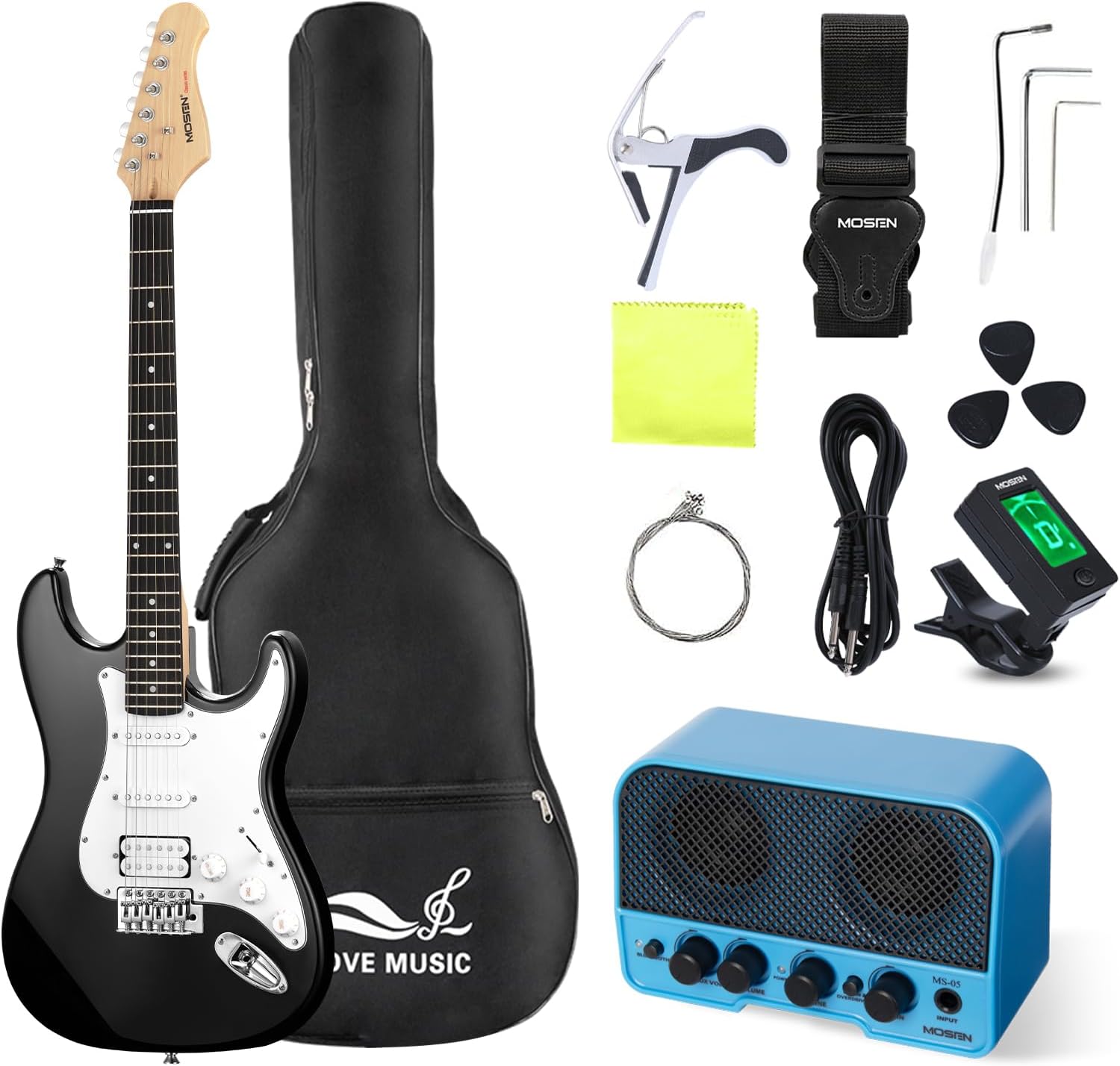 MOSEN 39in Full Size Beginner Electric Guitar Starter Kit, Beginner Starter, with Amplifier, Single-Coil & Humbucker Pickups, Gig Bag, Pick, Tuner, Capo, Cable, Tremolo Bar, Wiping Cloth - Black