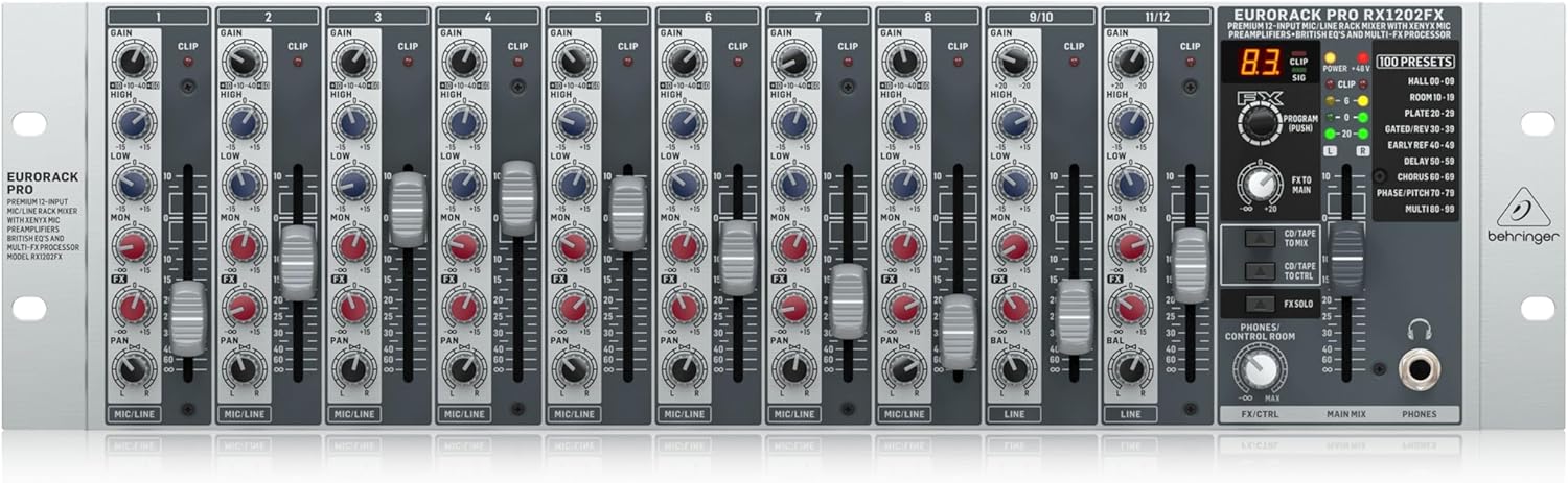 Behringer RX1202FX V2 Premium 12-Input Mic/Line Rack Mixer with XENYX Mic Preamplifiers, British EQ's and Multi-FX Processor
