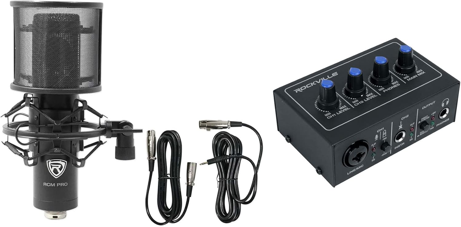 Rockville Podcasting Bundle: ROCK-U MINI 2x2 USB Recording Interface 24-Bit 192kHz, RCM PRO Condenser Microphone with Large Diaphragm, 2-items