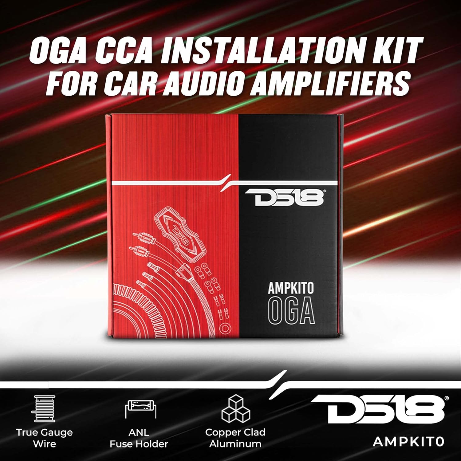 DS18 AMPKIT0 0 Gauge CCA Complete Amp Wiring Kit - Amplifier Install Wiring 1/0 Ga Amp Kit Pro Installation Cables Up to 3500 Watts with ANL Fuse Holder 250A
