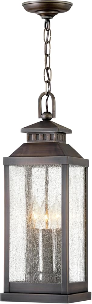 Hinkley Revere Medium Hanging Outdoor Lantern - Brass, Clear Seedy Glass Panels, Faux Candle Sleeves - Blackened Brass Finish