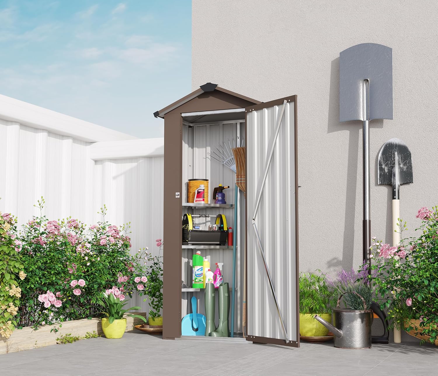 Outdoor Storage Shed Waterproof Metal Garden Tool Bike Sheds Kit Lean to Backyard Storage Building Cabinet House Small Metal Compact Garden Shed,2.5 * 1.4FT Brown