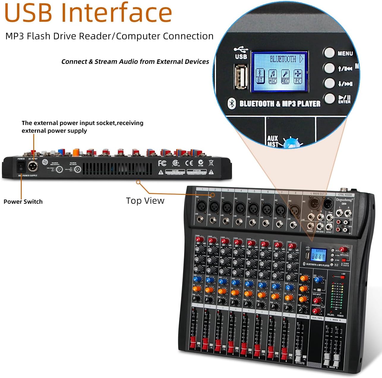 Depusheng Audio Mixer Professional 8 channel,DX8 Sound Board DJ Mixing Console System Interface USB MP3 Input Bluetooth 48V Phantom Power,Black, USB Audio Mixer for PC,for Studio Karaoke Live Music