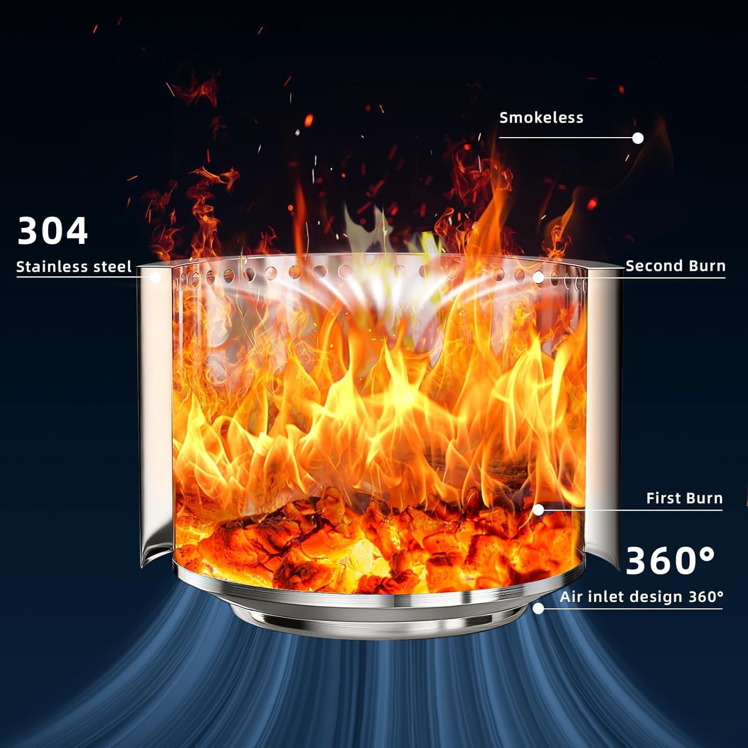 Smokeless Fire Pits for Outside,Solo Bonfire Fire Pit with Removable Ash Pan,304 Stainless Steel Liner Heightening Outdoor Heater, Enhanced Airflow and Easy Cleanup