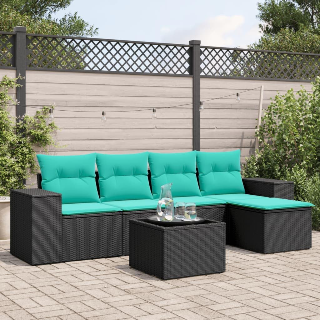 6 Piece Patio Sofa Set, Black Poly Rattan Outdoor Furniture with Cushions, Tempered Glass Table, Storage Function, UV-Proof