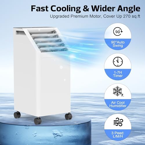 3-IN-1 Windowless Portable Air Conditioner, Evaporative Air Cooler with 90° Oscillation, 3 Speeds, Remote, 1 Gal Water Tank, 4 Ice Packs, Timer, Fast Cooling Fan for Indoor Bedroom Office