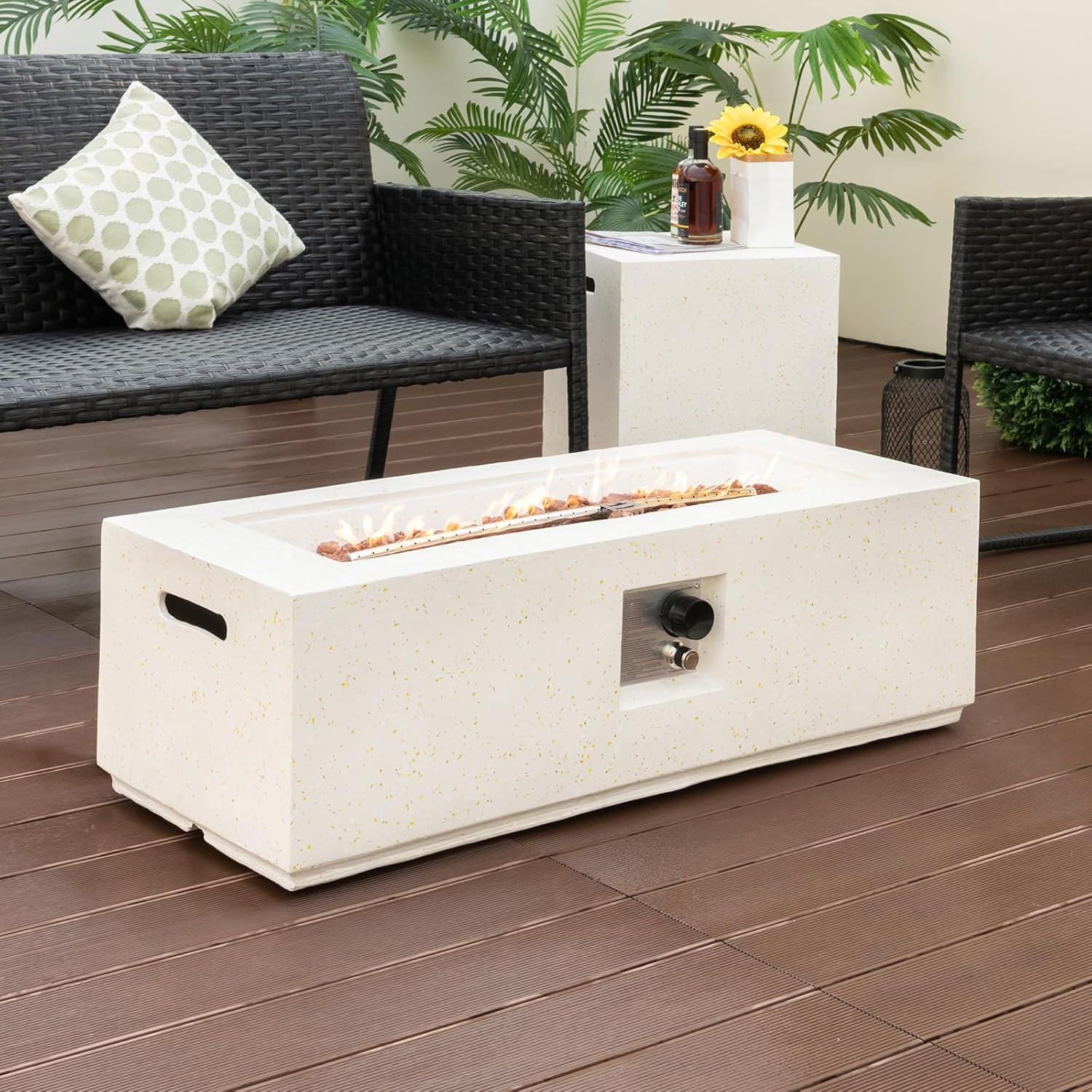 Tangkula 50,000 BTU Propane Fire Pit Table Set, 42” Terrazzo Fire Pit Table with Hideaway Tank Holder, Stainless Steel Burner, Protective Cover, Lava Rocks, Fit 20 lbs Tank