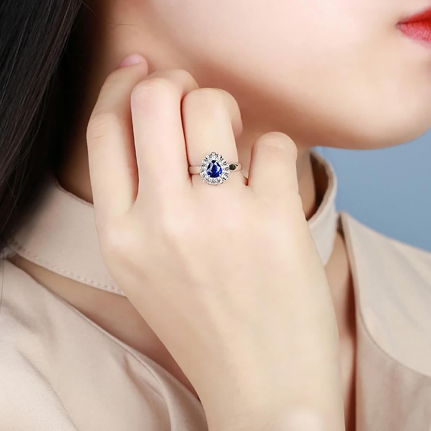 Engagement Rings for Women Flower, Wedding Ring Lab Created Sapphire Band 18K White Gold with Moissanite Birthday Gift for Her