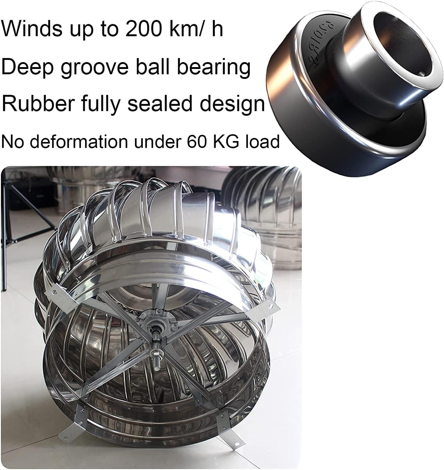 Roof Wind Turbine Cap Vent Round, Internally Braced Wind Turbine, 8 Inch 10 Inch 12 Inch Air Vent Outlet, 304 Stainless Steel, Easy to Install, Galvanized Bracket, Unpowered Rotation(400mm)